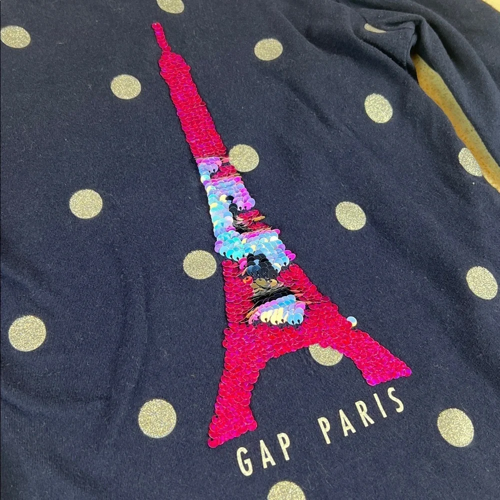 GAP KIDS PARIS Eiffel Tower - navy, silver polka dots, sequin shirt girls medium